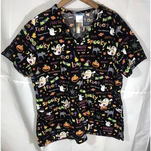 Scrub Top SB Scrubs Halloween Spooky Medical Nurse Ghosts, Pumpkins, Treats Sz L